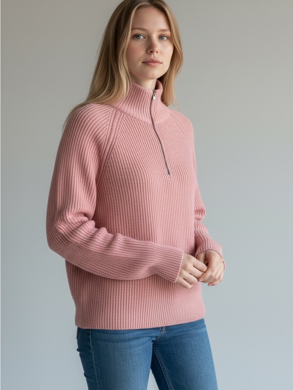 Zenana Ribbed Half-Zip Turtleneck Sweater in Dusty Pink